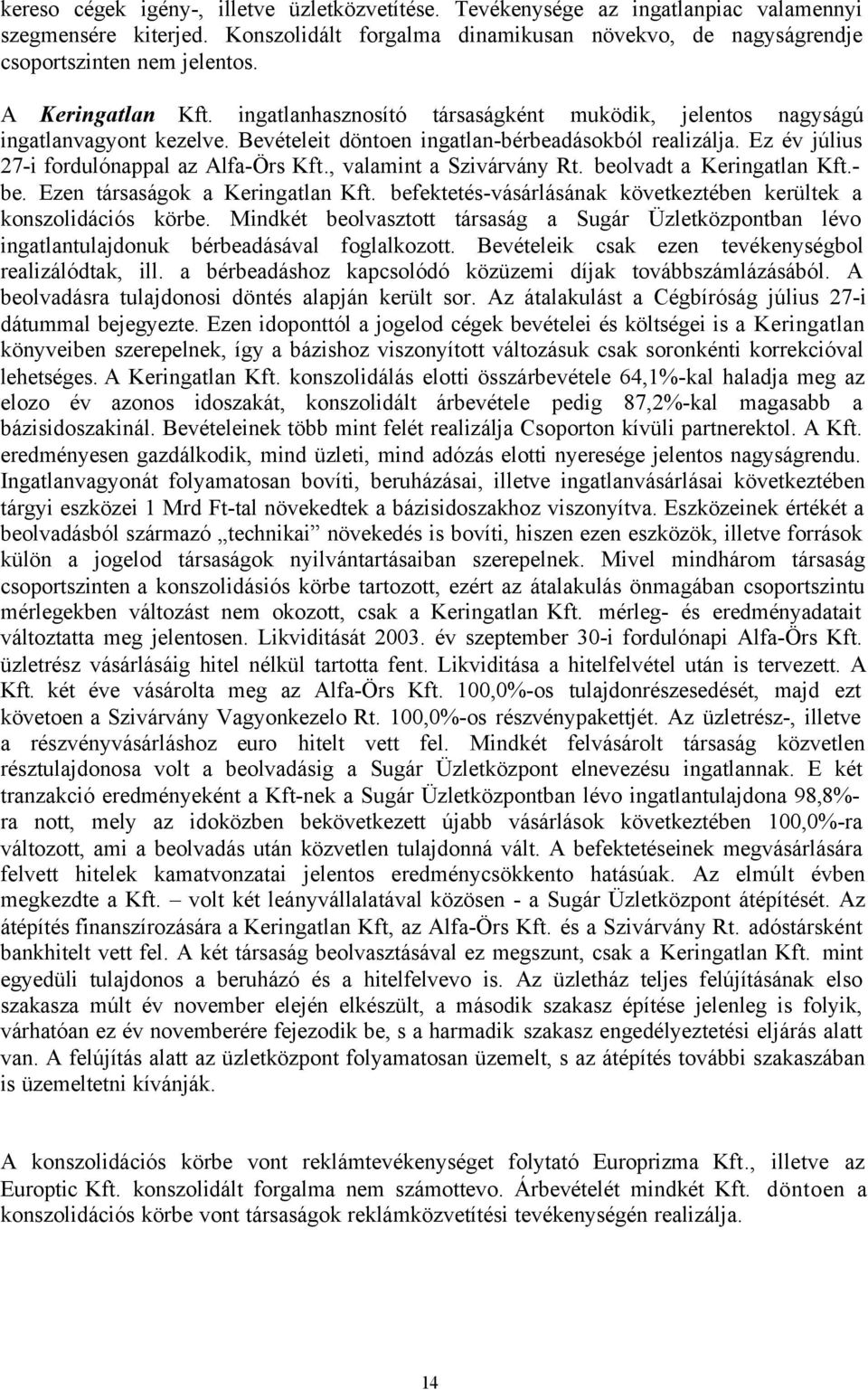Ez év július 27-i fordulónappal az Alfa-Örs Kft., valamint a Szivárvány Rt. beolvadt a Keringatlan Kft.- be. Ezen társaságok a Keringatlan Kft.