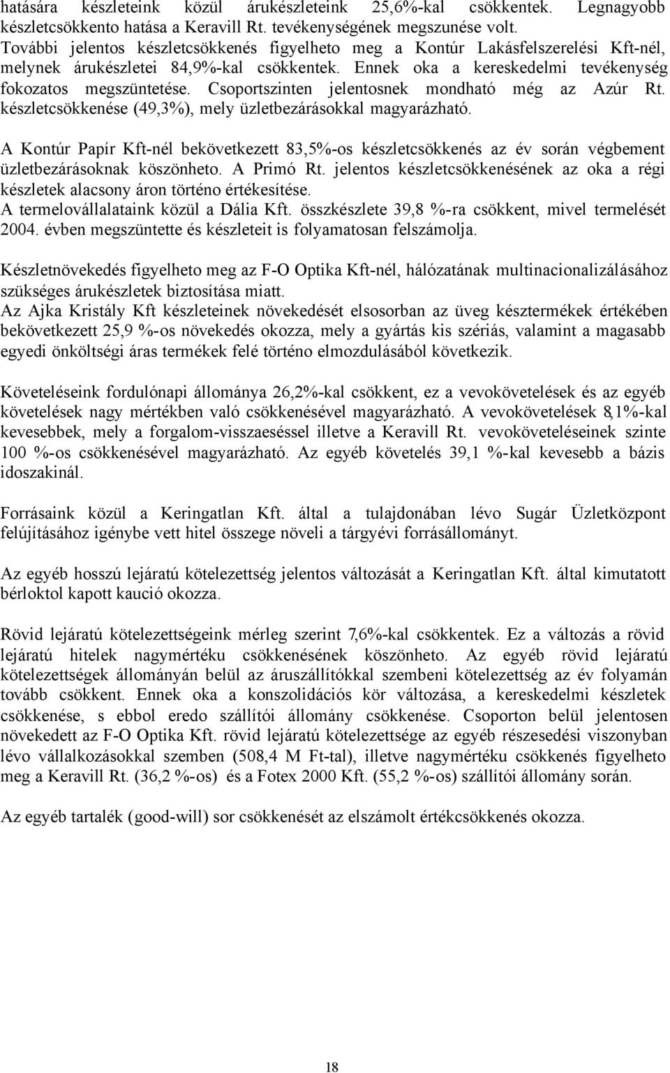 Csoportszinten jelentosnek mondható még az Azúr Rt. készletcsökkenése (49,3%), mely üzletbezárásokkal magyarázható.
