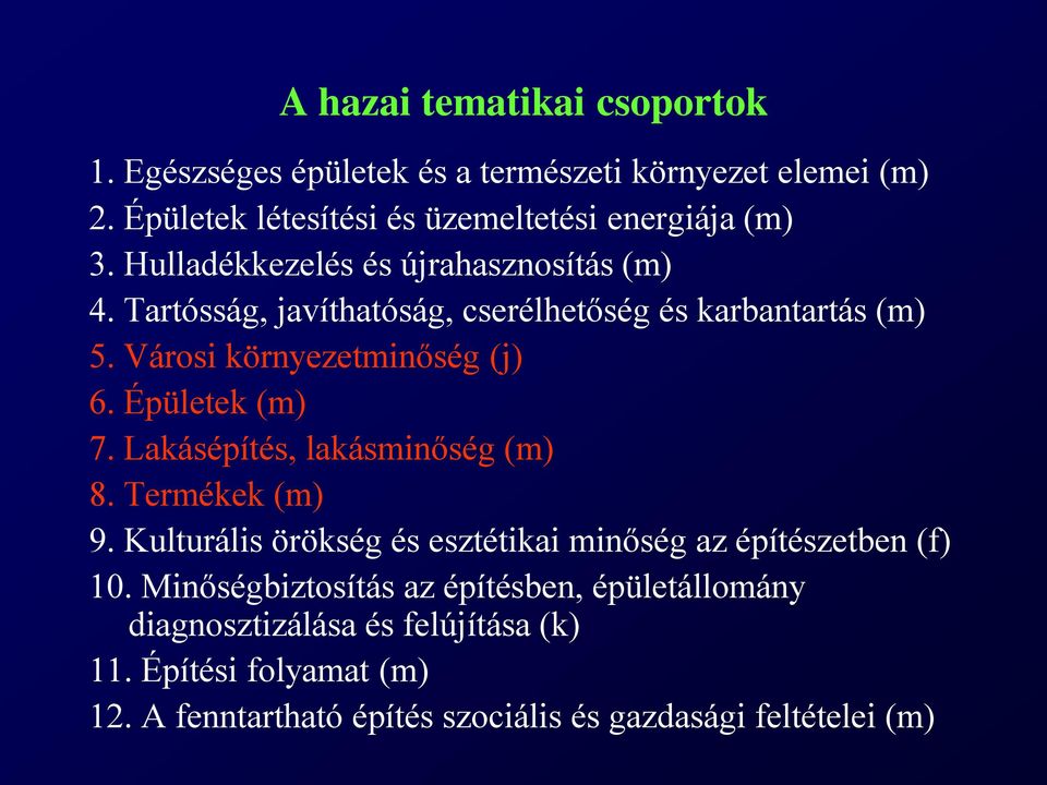 Épületek (m) 7. Lakásépítés, lakásminőség (m) 8. Termékek (m) 9. Kulturális örökség és esztétikai minőség az építészetben (f) 10.