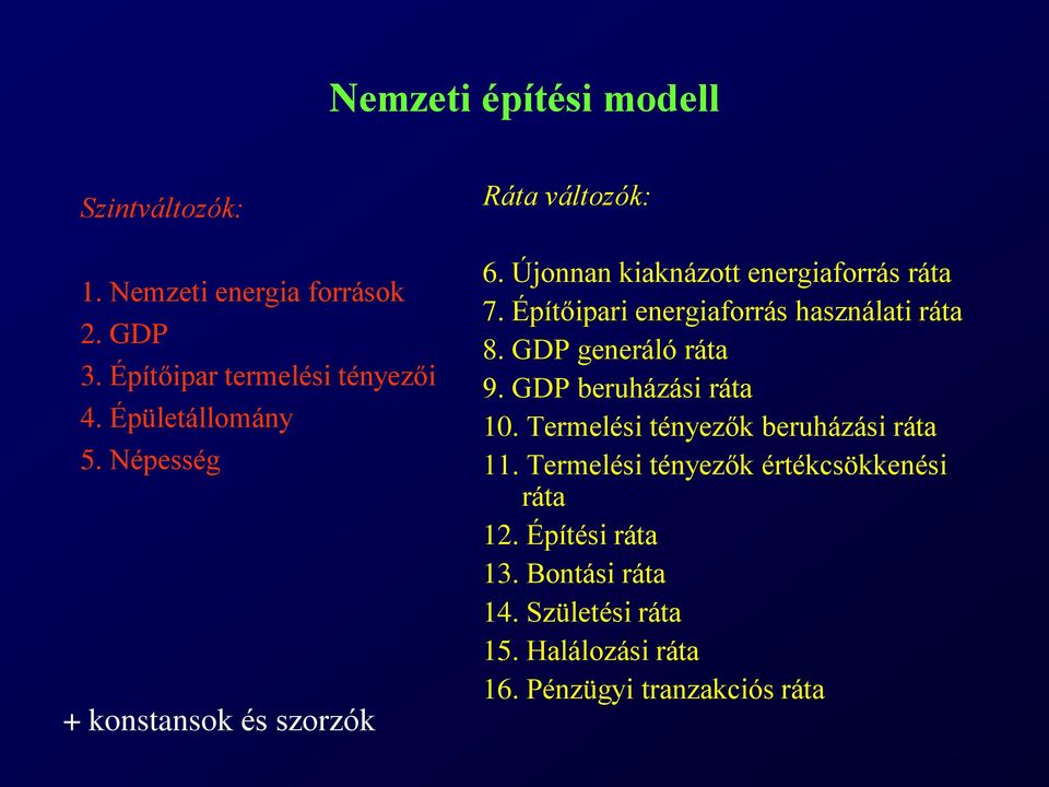 Építőipari energiaforrás használati ráta 8. GDP generáló ráta 9. GDP beruházási ráta 10.