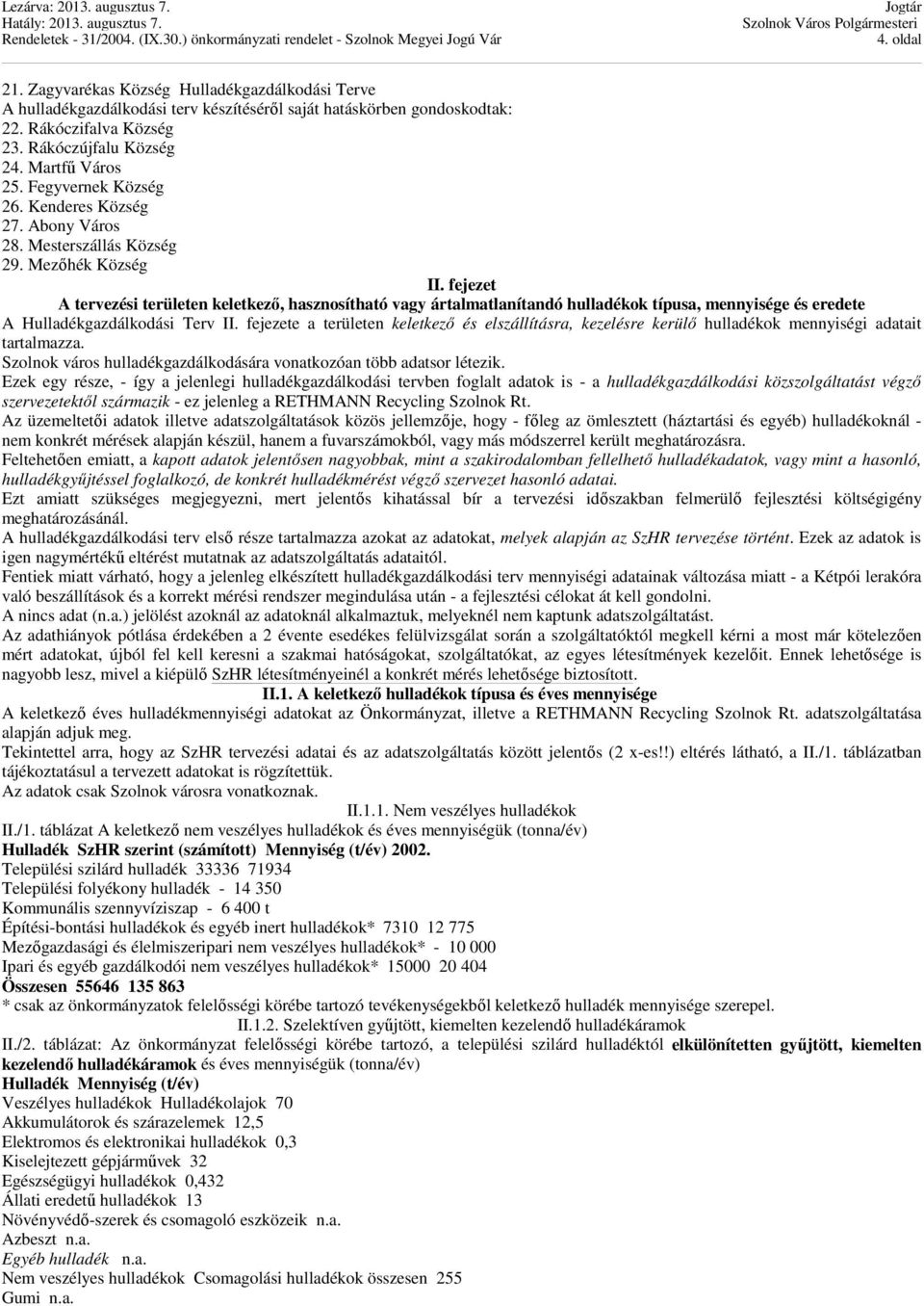 fejezet A tervezési területen keletkező, hasznosítható vagy ártalmatlanítandó hulladékok típusa, mennyisége és eredete A Hulladékgazdálkodási Terv II.