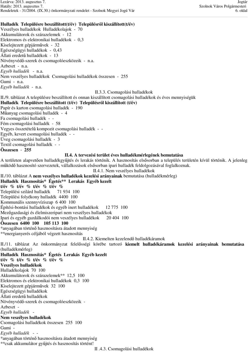 a. Egyéb hulladék - n.a. II.3.3. Csomagolási hulladékok II./9.