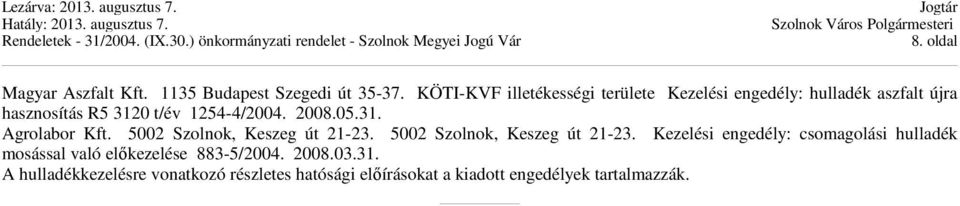 2008.05.31. Agrolabor Kft. 5002 Szolnok, Keszeg út 21-23.