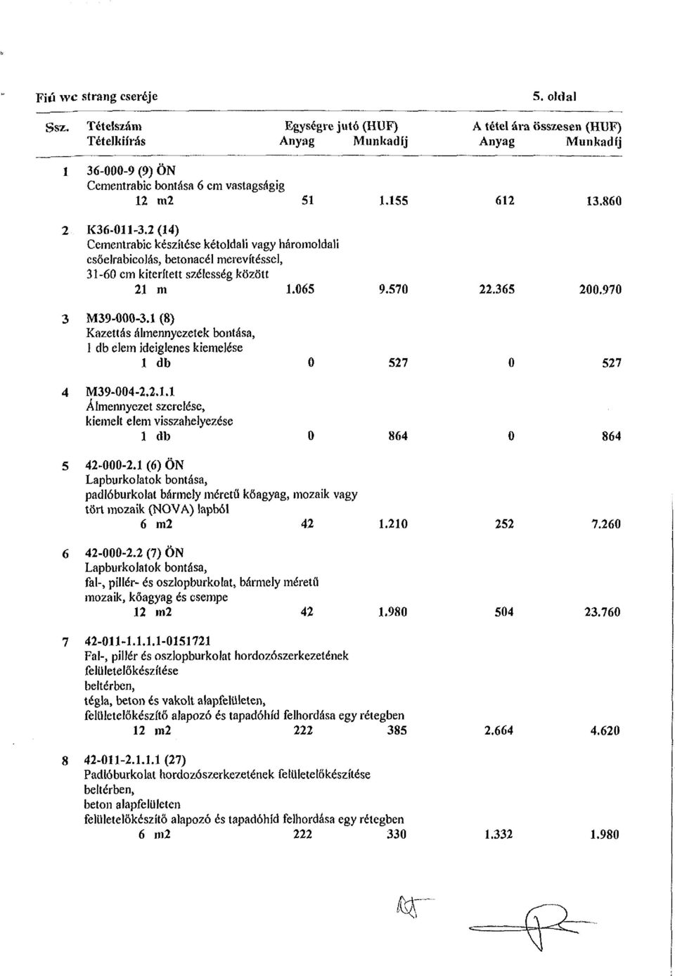 1 (8) Kazettás álmennyezetek bontása, I db elem ideiglenes kiemelése 1 db 0 527 0 527 4 M39-004-2.2.1.1 Álmennyezet szerelése, kiemelt elem visszahelyezése 1 db 0 864 0 864 5 42-000-2.