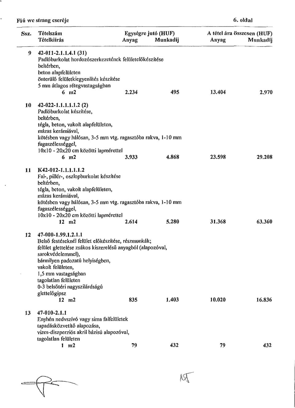 970 10 42-022-1.1.1.1.1.2(2) Padlóburkolat készítése, beltérben, tégla, beton, vakolt alapfelületen, mázas kerámiával, kötésben vagy hálósán, 3-5 mm vtg.