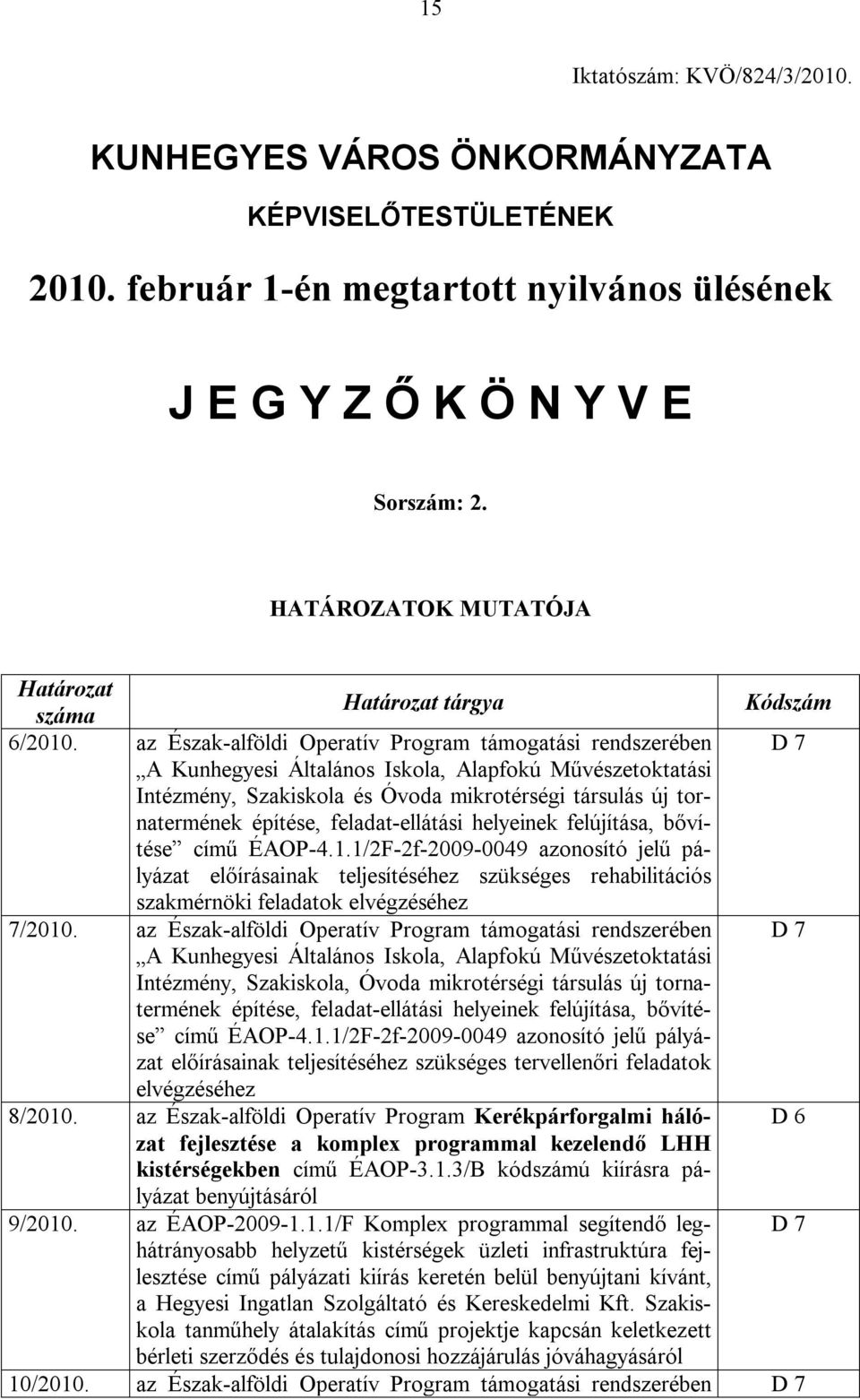 az Észak-alföldi Operatív Program támogatási rendszerében D 7 A Kunhegyesi Általános Iskola, Alapfokú Művészetoktatási Intézmény, Szakiskola és Óvoda mikrotérségi társulás új tornatermének építése,