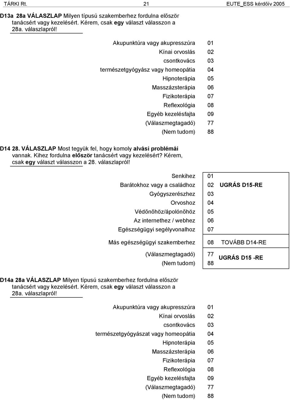 D14 28. VÁLASZLAP Most tegyük fel, hogy komoly alvási problémái vannak. Kihez fordulna először tanácsért vagy kezelésért? Kérem, csak egy választ válasszon a 28. válaszlapról!