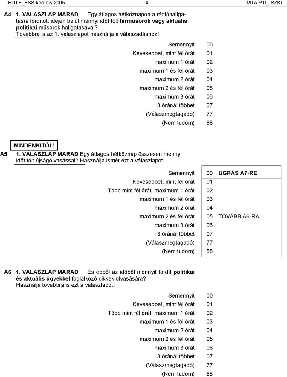 Semennyit 00 Kevesebbet, mint fél órát 01 maximum 1 órát 02 maximum 1 és fél órát 03 maximum 2 órát 04 maximum 2 és fél órát 05 maximum 3 órát 06 3 óránál többet 07 7 8 A5 MINDENKITŐL! 1. VÁLASZLAP MARAD Egy átlagos hétköznap összesen mennyi időt tölt újságolvasással?