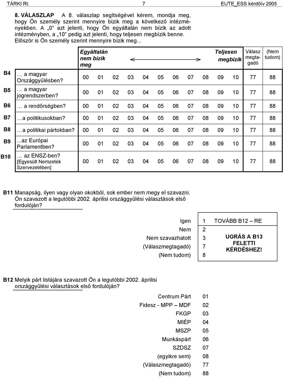 a magyar jogrendszerben? Egyáltalán nem bízik meg Teljesen megbízik Válasz megtagadó 00 01 02 03 04 05 06 07 08 09 10 77 88 00 01 02 03 04 05 06 07 08 09 10 77 88 B6 a rendőrségben?