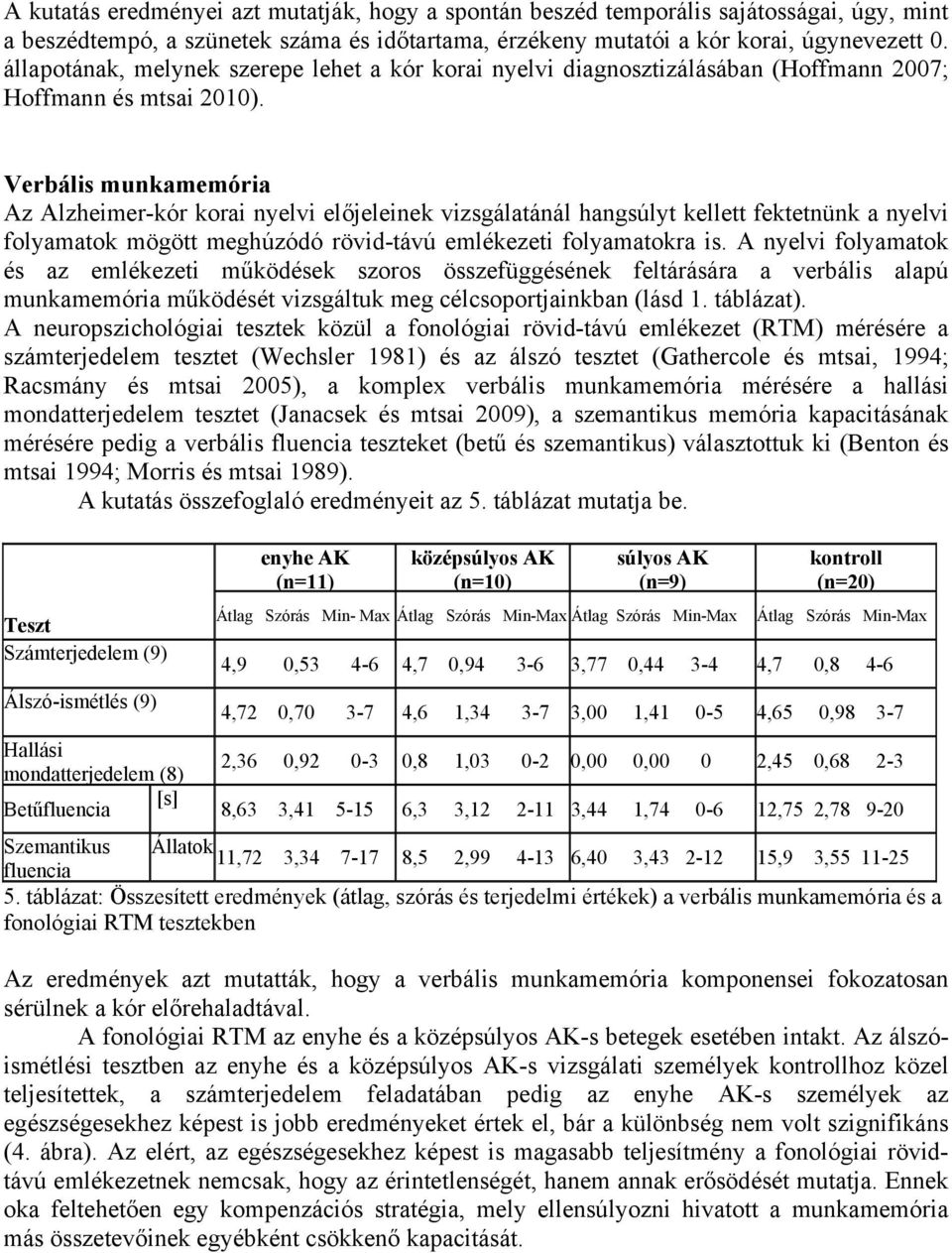Verbális munkamemória Az Alzheimer-kór korai nyelvi előjeleinek vizsgálatánál hangsúlyt kellett fektetnünk a nyelvi folyamatok mögött meghúzódó rövid-távú emlékezeti folyamatokra is.