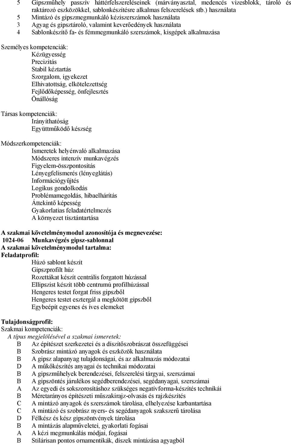 Személyes kompetenciák: Kézügyesség Precizitás Stabil kéztartás Szorgalom, igyekezet Elhivatottság, elkötelezettség Fejlődőképesség, önfejlesztés Önállóság Társas kompetenciák: Irányíthatóság