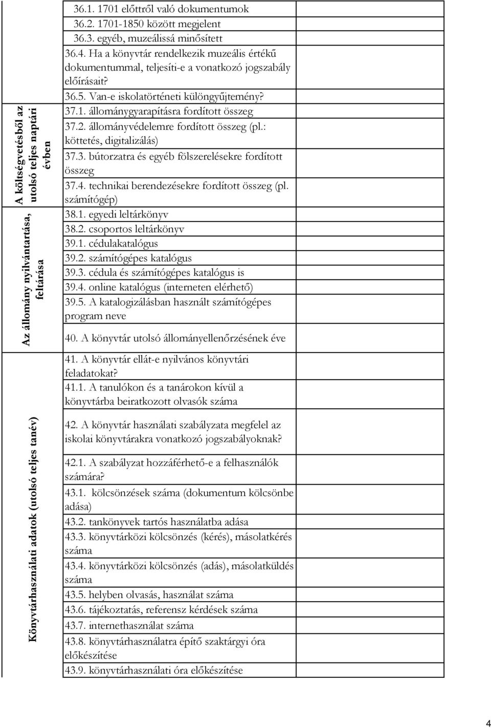 37.1. állománygyarapításra fordított összeg 37.2. állományvédelemre fordított összeg (pl.: köttetés, digitalizálás) 37.3. bútorzatra és egyéb fölszerelésekre fordított összeg 37.4.