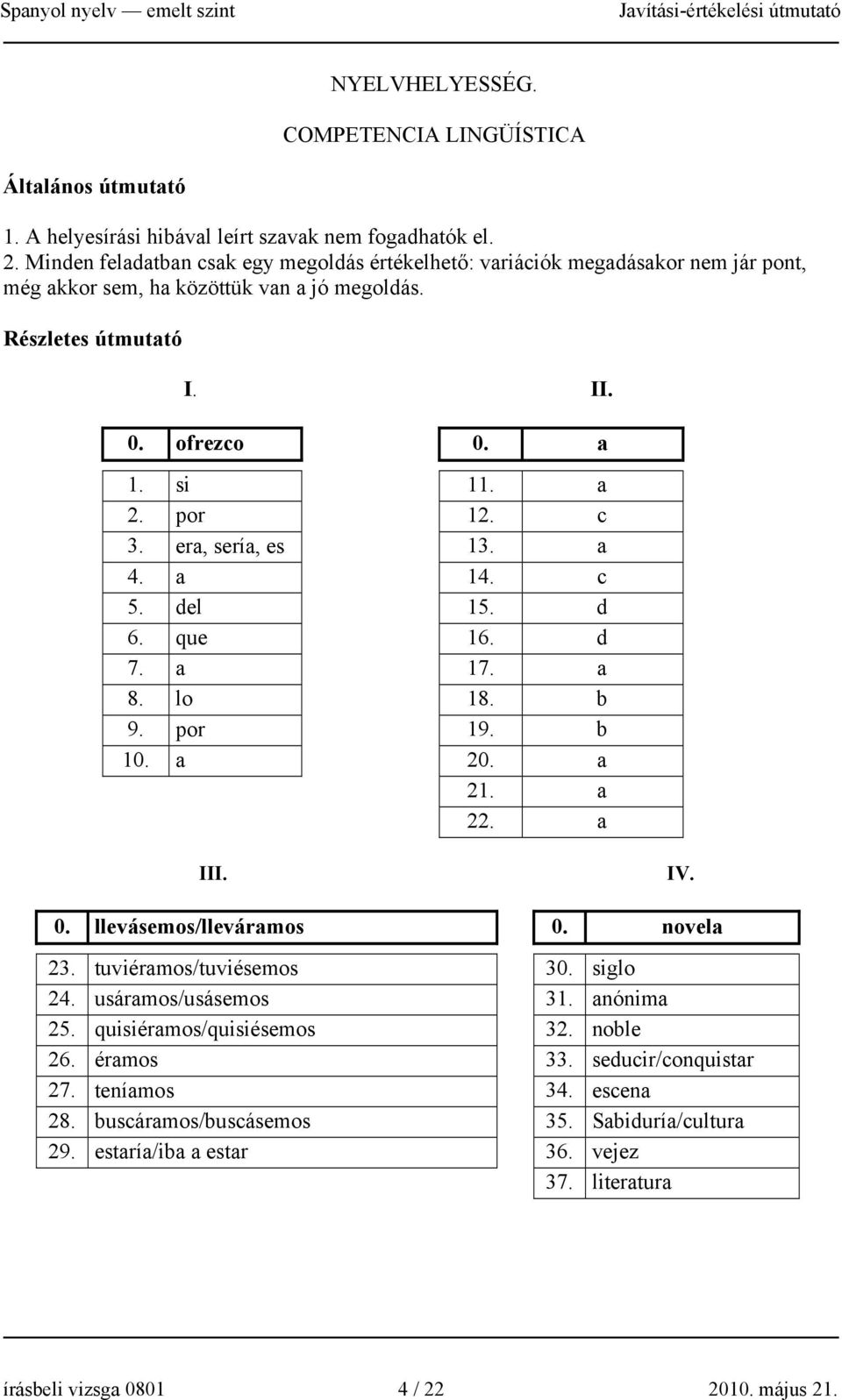 c 3. era, sería, es 13. a 4. a 14. c 5. del 15. d 6. que 16. d 7. a 17. a 8. lo 18. b 9. por 19. b 10. a 20. a 21. a 22. a III. IV. 0. llevásemos/lleváramos 0. novela 23. tuviéramos/tuviésemos 30.