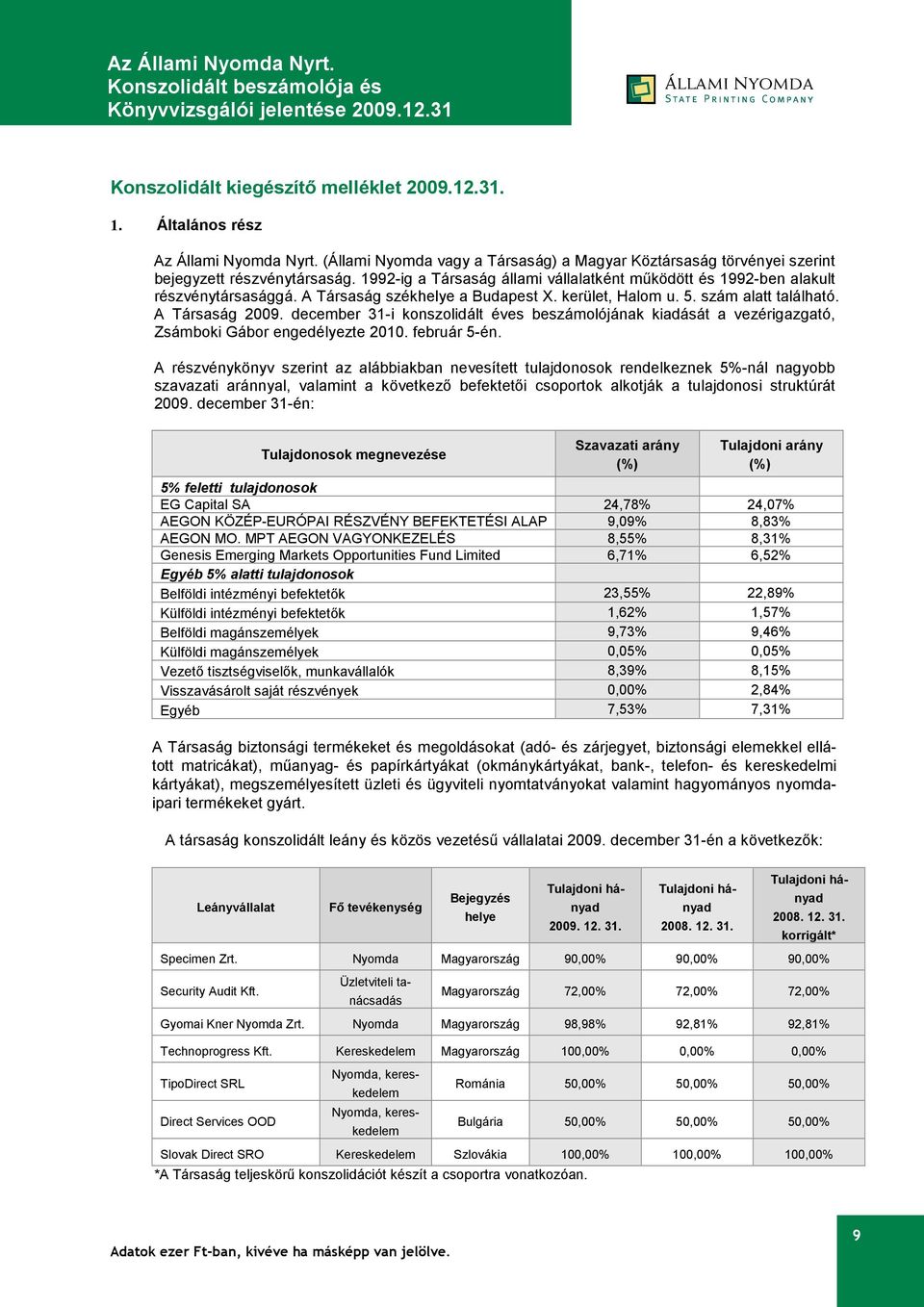 december 31-i konszolidált éves beszámolójának kiadását a vezérigazgató, Zsámboki Gábor engedélyezte 2010. február 5-én.