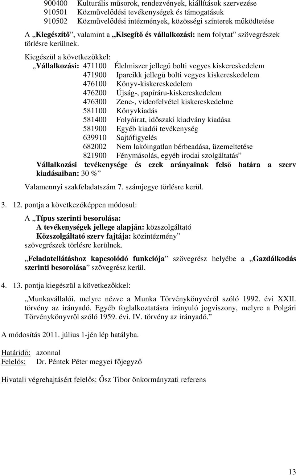 Kiegészül a következıkkel: Vállalkozási: 471100 Élelmiszer jellegő bolti vegyes kiskereskedelem 471900 Iparcikk jellegő bolti vegyes kiskereskedelem 476100 Könyv-kiskereskedelem 476200 Újság-,