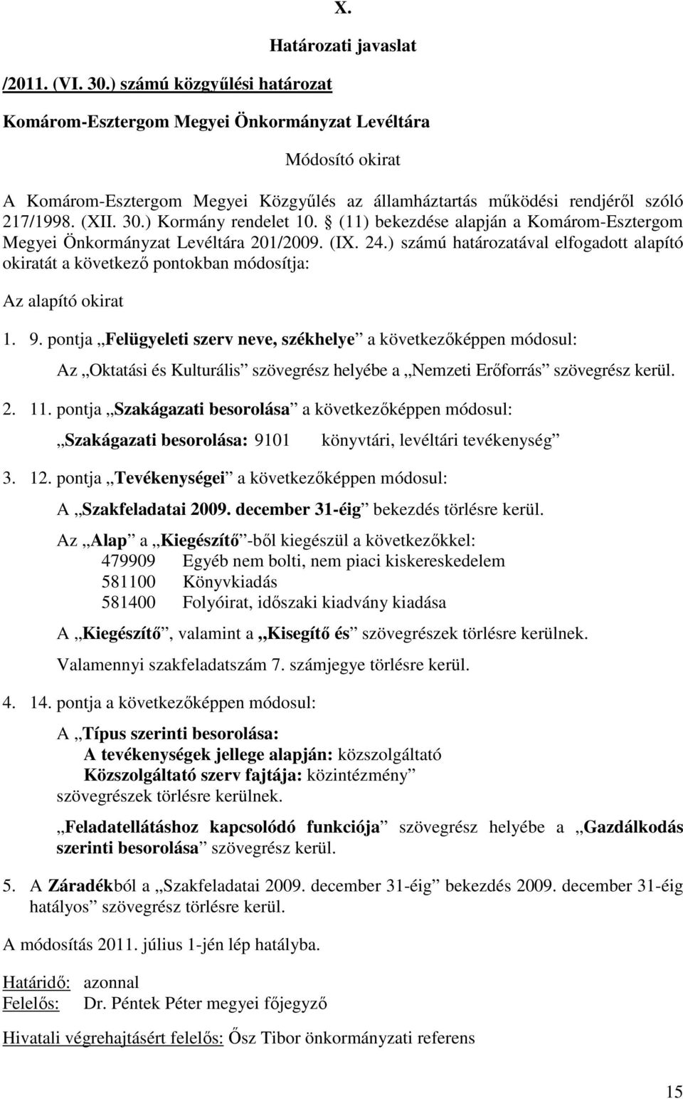 pontja Szakágazati besorolása a következıképpen módosul: Szakágazati besorolása: 9101 könyvtári, levéltári tevékenység 3. 12. pontja Tevékenységei a következıképpen módosul: A Szakfeladatai 2009.