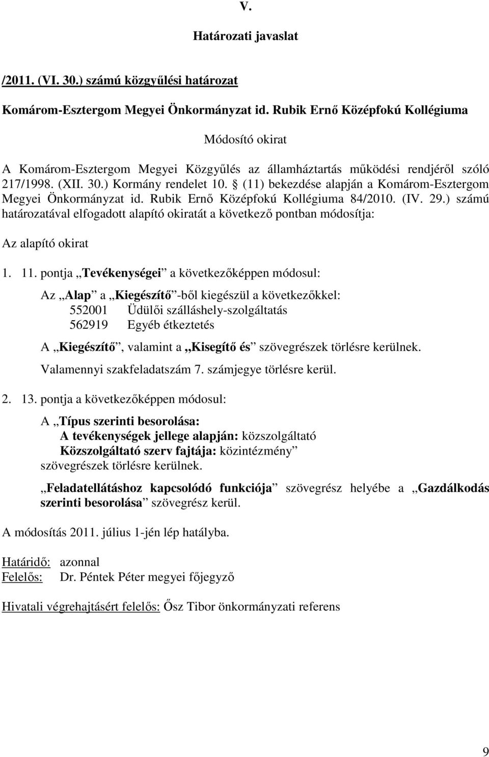 pontja Tevékenységei a következıképpen módosul: Az Alap a Kiegészítı -bıl kiegészül a következıkkel: 552001 Üdülıi szálláshely-szolgáltatás 562919 Egyéb