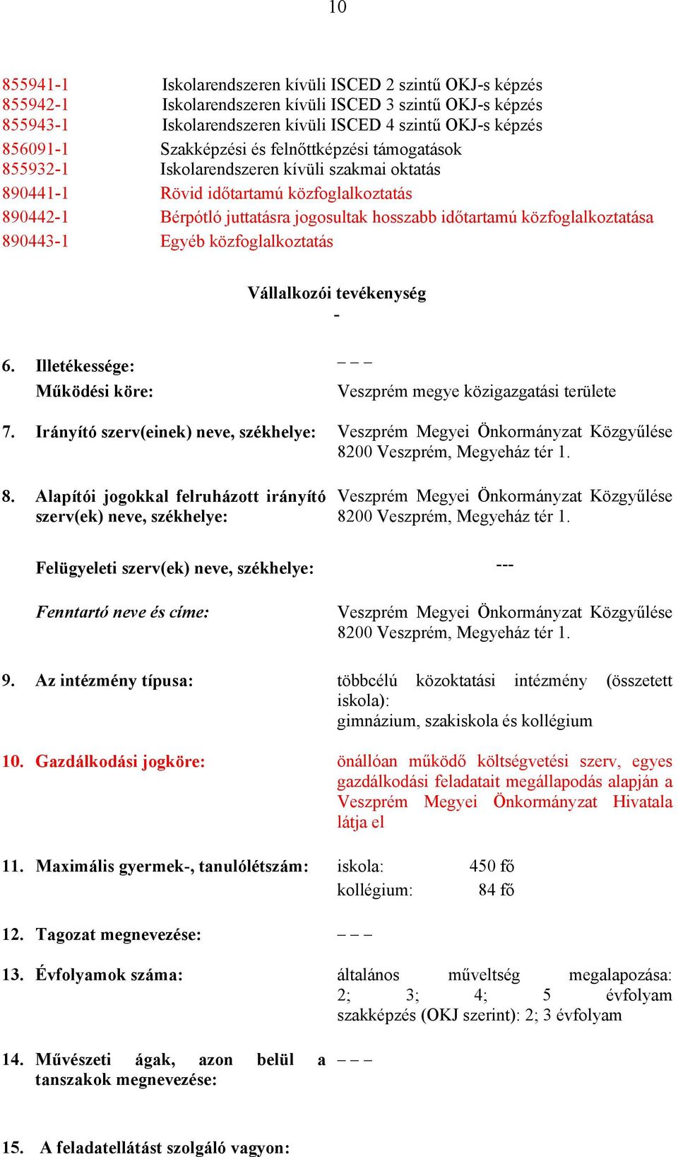 közfoglalkoztatása 890443-1 Egyéb közfoglalkoztatás Vállalkozói tevékenység - 6. Illetékessége: Működési köre: Veszprém megye közigazgatási területe 7.