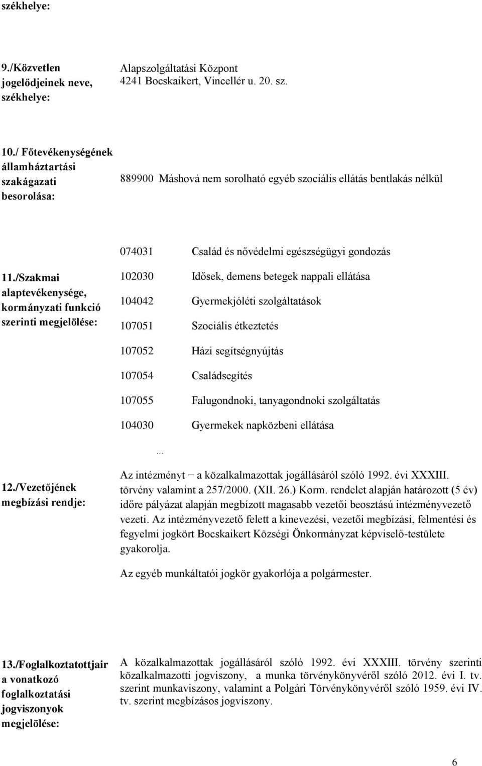 /Szakmai alaptevékenysége, kormányzati funkció szerinti megjelölése: 102030 Idősek, demens betegek nappali ellátása 104042 Gyermekjóléti szolgáltatások 107051 Szociális étkeztetés 107052 Házi