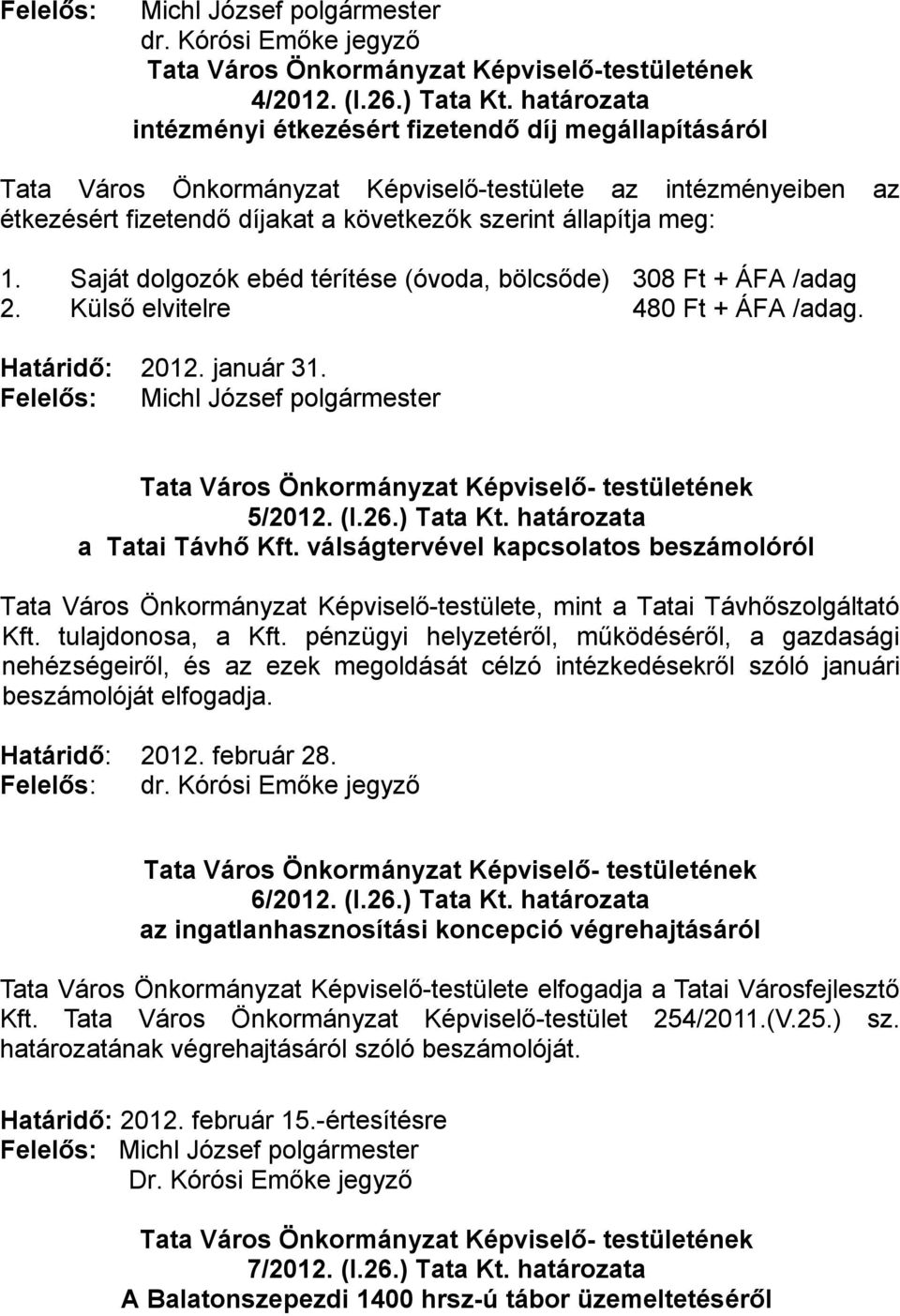 Saját dolgozók ebéd térítése (óvoda, bölcsőde) 308 Ft + ÁFA /adag 2. Külső elvitelre 480 Ft + ÁFA /adag. Határidő: 2012. január 31. 5/2012. (I.26.) Tata Kt. határozata a Tatai Távhő Kft.