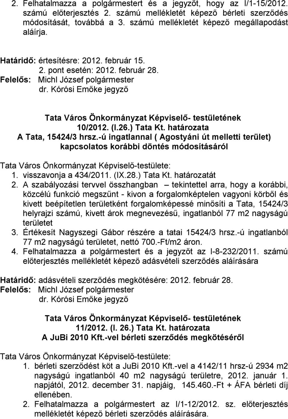 -ú ingatlannal ( Agostyáni út melletti terület) kapcsolatos korábbi döntés módosításáról Tata Város Önkormányzat Képviselő-testülete: 1. visszavonja a 434/2011. (IX.28.) Tata Kt. határozatát 2.