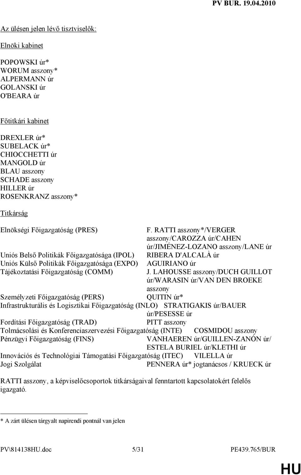 Fıigazgatóság (COMM) F. RATTI asszony*/verger asszony/carozza úr/cahen úr/jiménez-lozano asszony/lane úr RIBERA D'ALCALÀ úr AGUIRIANO úr J.