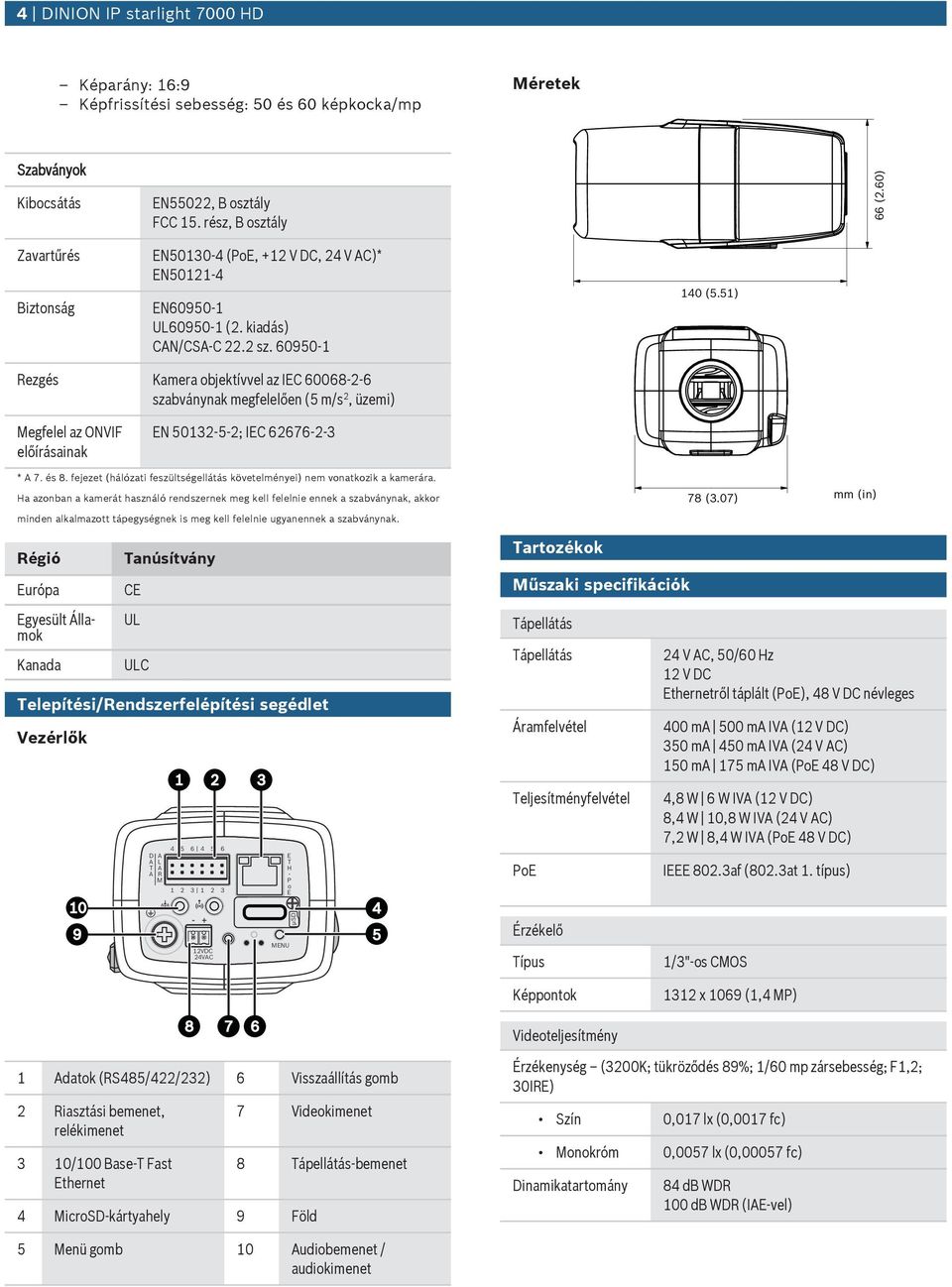 51) Rezgés Kamera objektívvel az IEC 60068-2-6 szabványnak megfelelően (5 m/s 2, üzemi) Megfelel az ONVIF előírásainak EN 50132-5-2; IEC 62676-2-3 * 7. és 8.