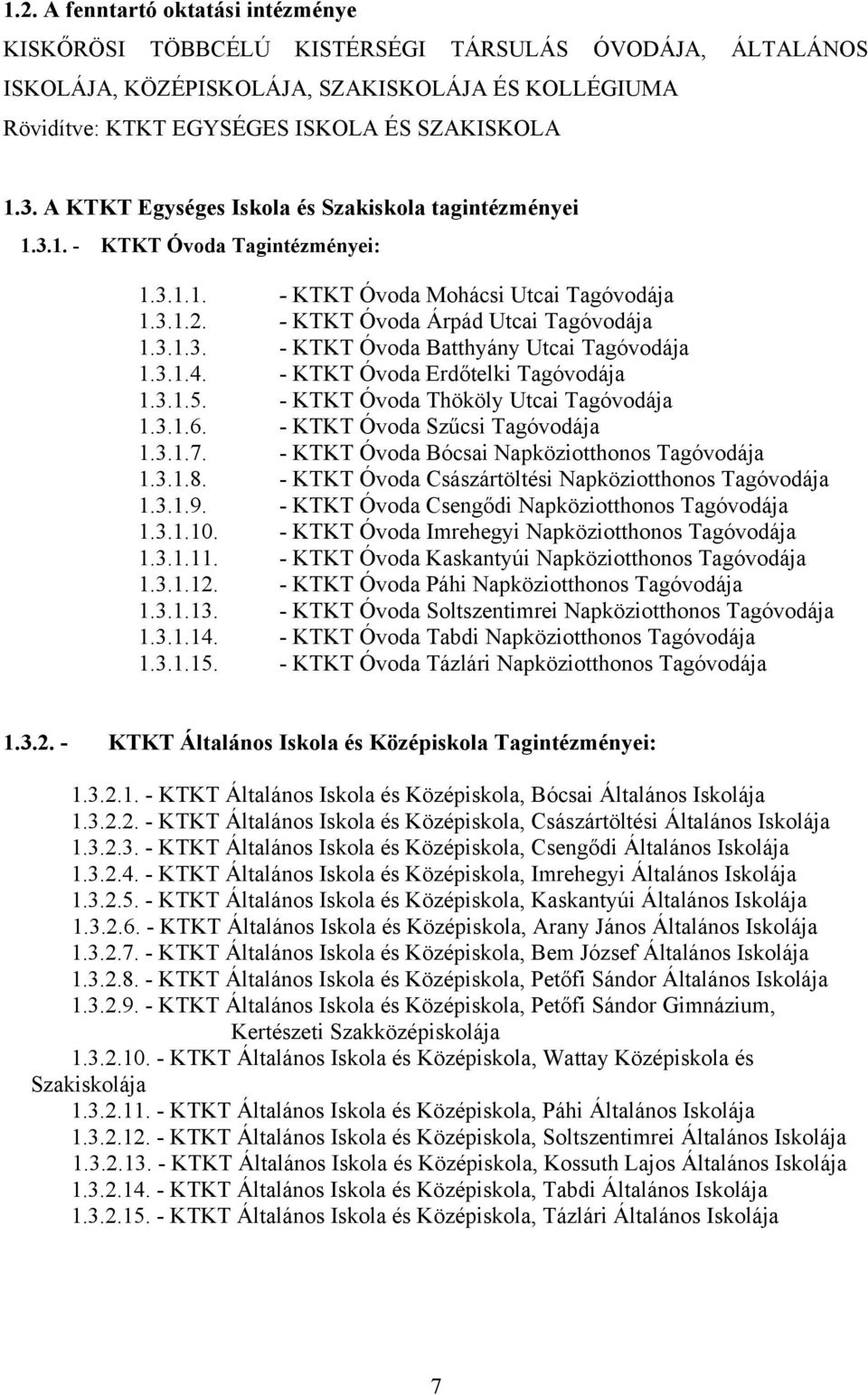 3.1.4. - KTKT Óvoda Erdőtelki Tagóvodája 1.3.1.5. - KTKT Óvoda Thököly Utcai Tagóvodája 1.3.1.6. - KTKT Óvoda Szűcsi Tagóvodája 1.3.1.7. - KTKT Óvoda Bócsai Napköziotthonos Tagóvodája 1.3.1.8.