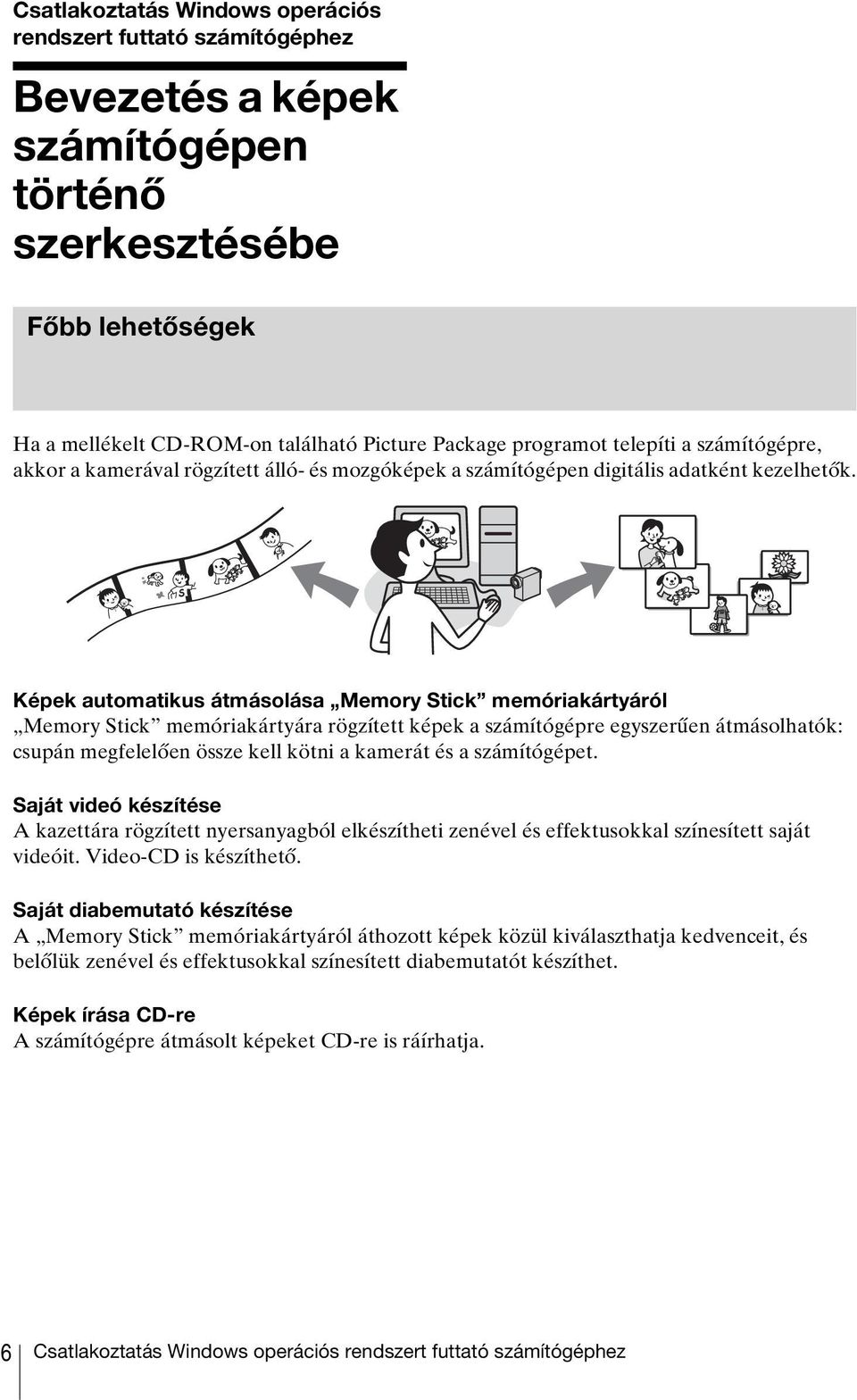 Képek automatikus átmásolása Memory Stick memóriakártyáról Memory Stick memóriakártyára rögzített képek a számítógépre egyszerűen átmásolhatók: csupán megfelelően össze kell kötni a kamerát és a