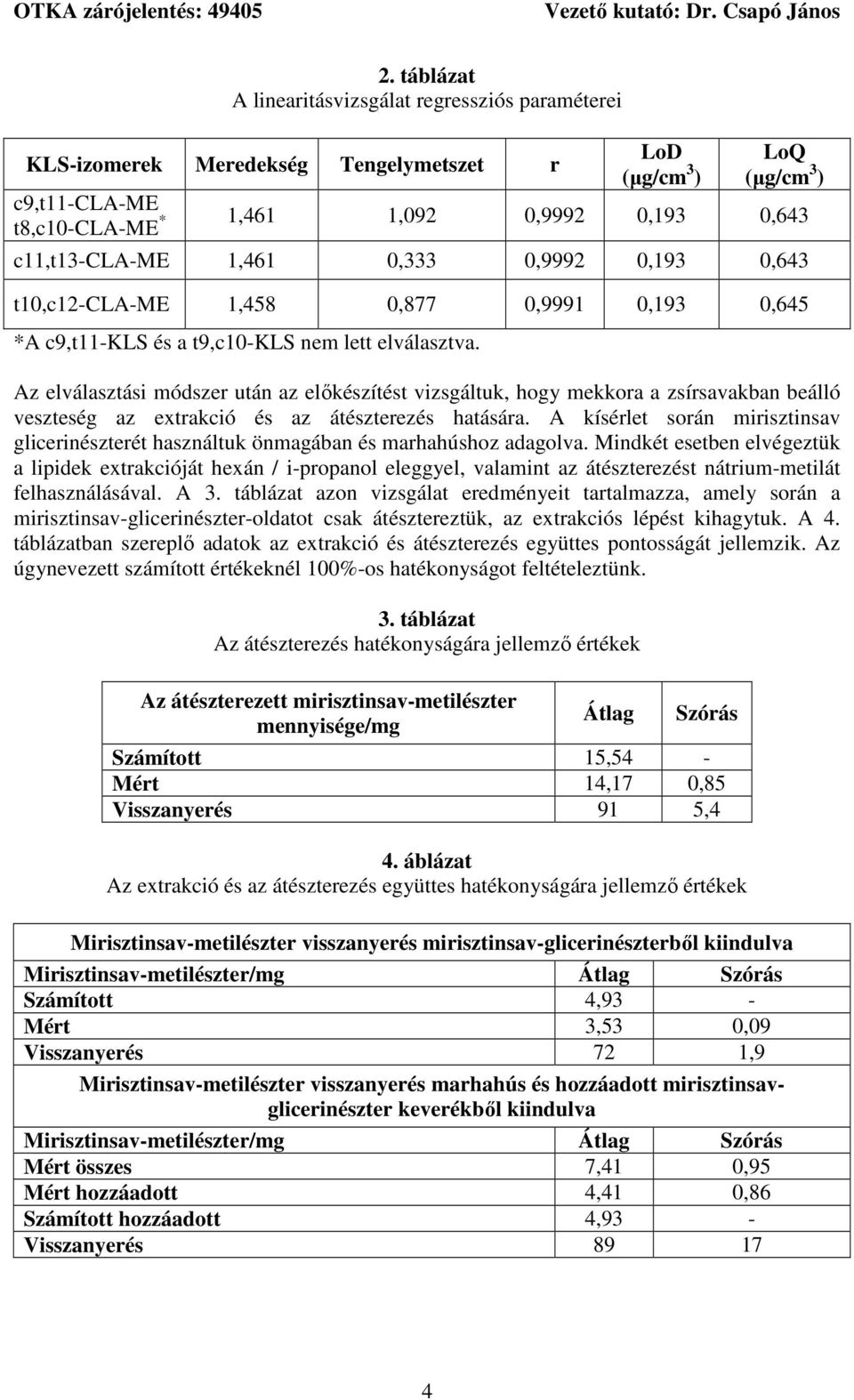 Az elválasztási módszer után az előkészítést vizsgáltuk, hogy mekkora a zsírsavakban beálló veszteség az extrakció és az átészterezés hatására.