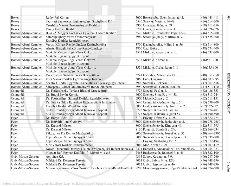 (66) 526-526 Bor sod-aba új-zemp lén B.-A.-Z. Me gyei Kór ház és Egye te mi Ok ta tó Kór ház 3526 Mis kolc, Szent pé te ri kapu 72-76.