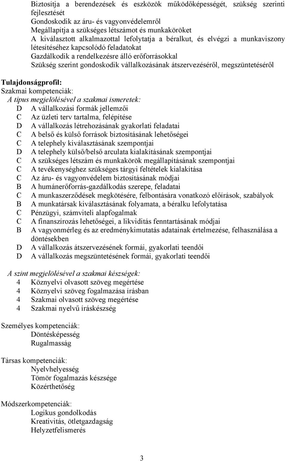 átszervezéséről, megszüntetéséről Tulajdonságprofil: Szakmai kompetenciák: A típus megjelölésével a szakmai ismeretek: D A vállalkozási formák jellemzői C Az üzleti terv tartalma, felépítése D A