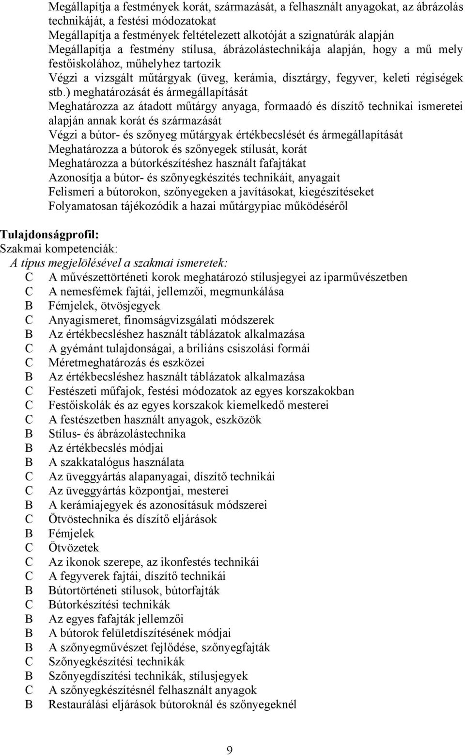 ) meghatározását és ármegállapítását Meghatározza az átadott műtárgy anyaga, formaadó és díszítő technikai ismeretei alapján annak korát és származását Végzi a bútor- és szőnyeg műtárgyak