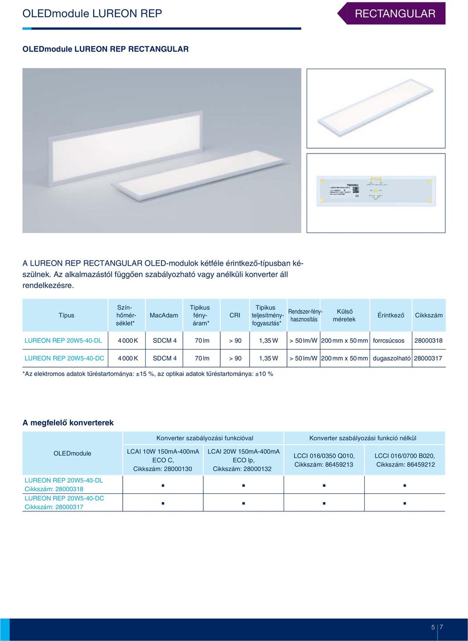 50 mm forrcsúcsos 28000318 LUREON REP 20W5-40-DC 4 000 K SDCM 4 0 lm > 90 1,35 W > 50 lm/w 200 mm x 50 mm dugaszolható 2800031 *Az elektromos adatok tûréstartománya: ±15 %, az optikai adatok