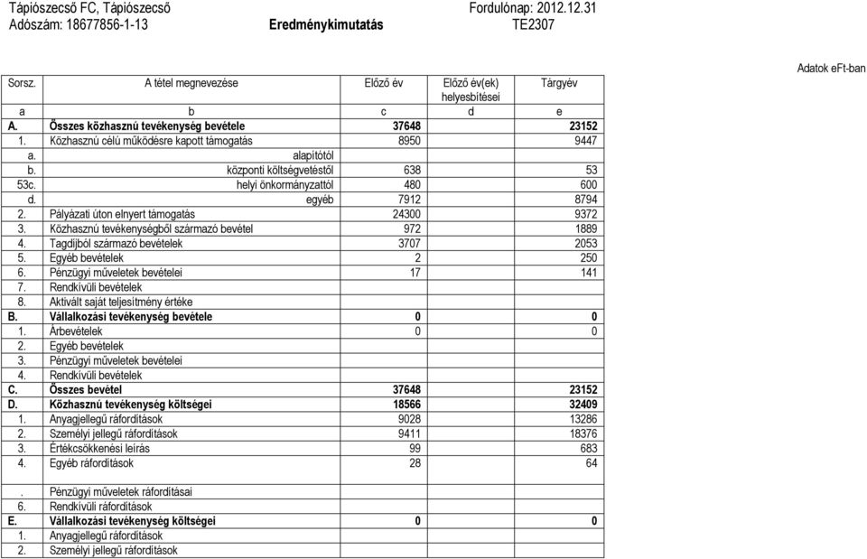 egyéb 7912 8794 2. Pályázati úton elnyert támogatás 24300 9372 3. Közhasznú tevékenységből származó bevétel 972 1889 4. Tagdíjból származó bevételek 3707 2053 5. Egyéb bevételek 2 250 6.