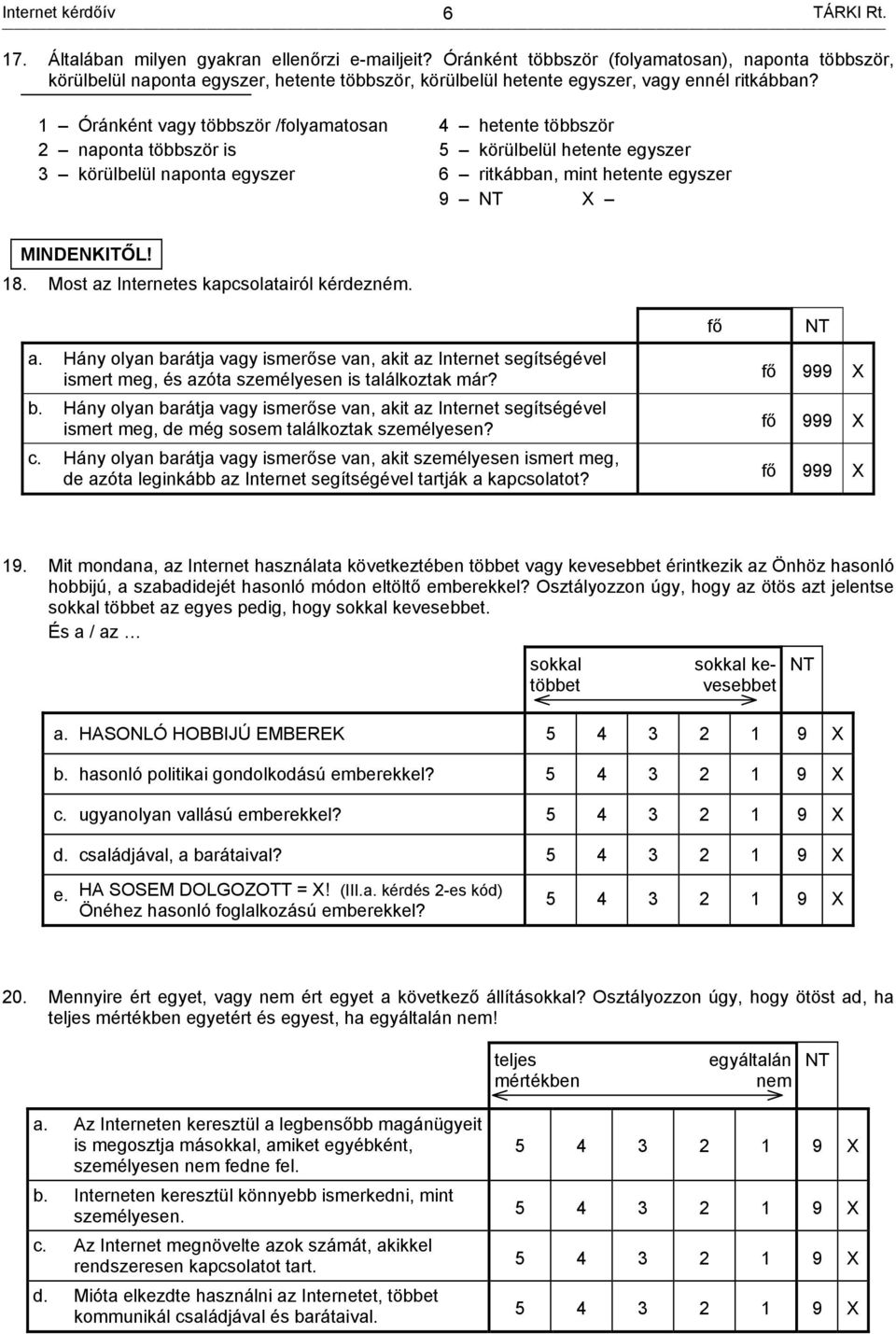 1 Óránként vagy többször /folyamatosan 2 naponta többször is 3 körülbelül naponta egyszer 4 hetente többször 5 körülbelül hetente egyszer 6 ritkábban, mint hetente egyszer 9 MINDENKITŐL! 18.