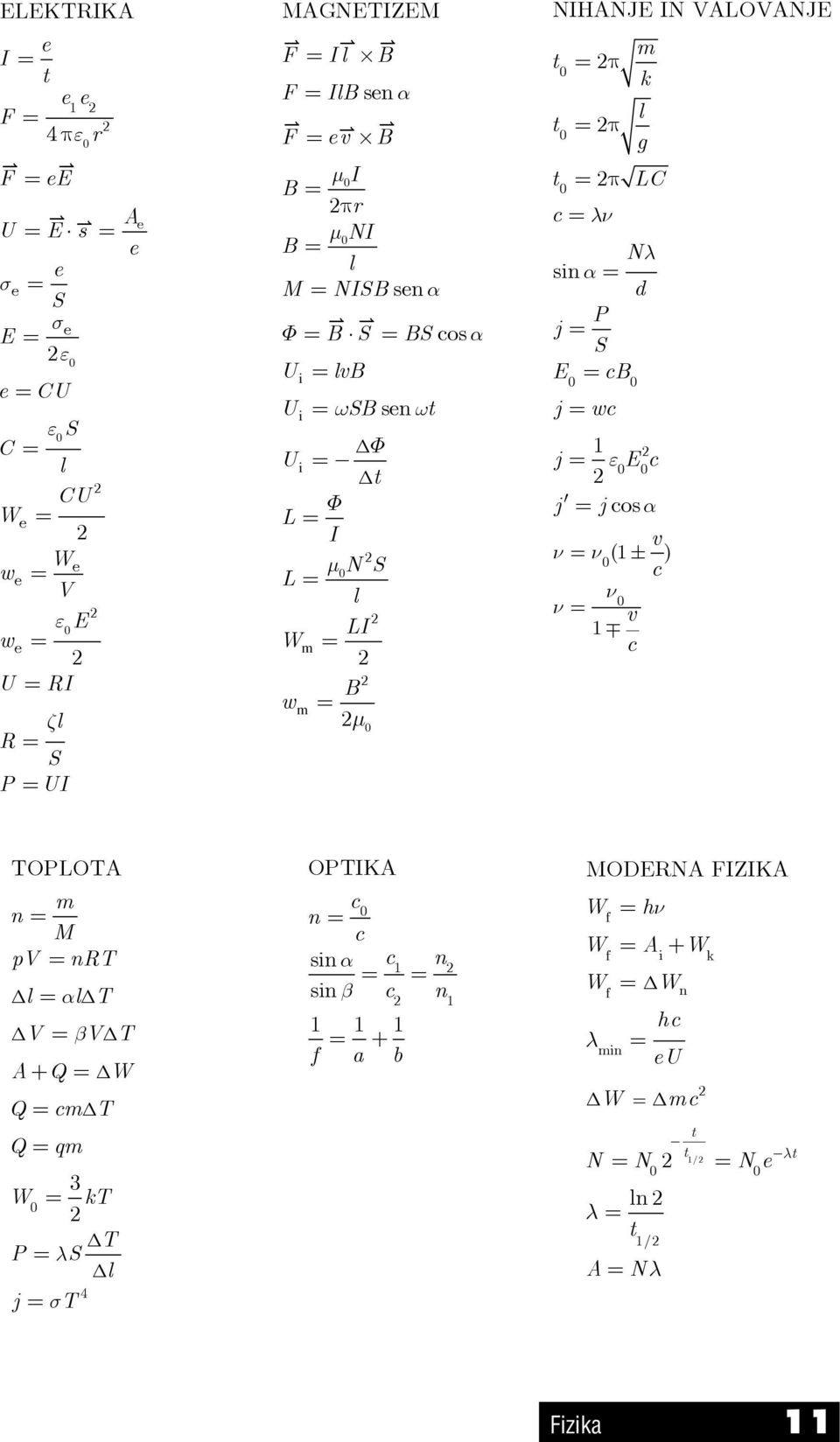 λν Nλ sin α = d P j = S E = cb 0 0 j = wc 1 j = ε E c 0 0 j = jcos α v ν = ν (1 ± ) 0 c ν0 ν = v 1 c TOPLOTA m n = M pv = nrt Δl = αlδt ΔV = βvδt A+ Q = ΔW Q = cmδt Q = qm 3 W = kt 0 ΔT P = λs