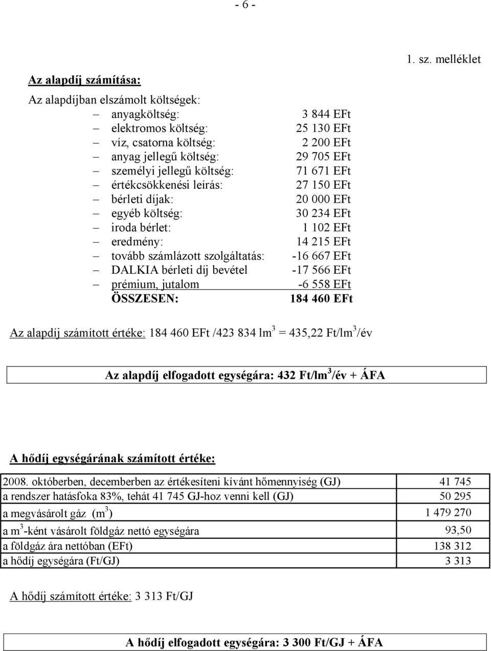 EFt DALKIA bérleti díj bevétel -17 566 EFt prémium, jutalom -6 558 EFt ÖSSZESEN: 184 460 EFt 1. sz.