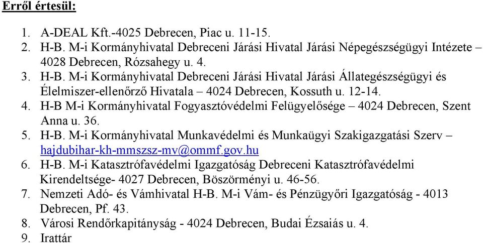 gov.hu 6. H-B. M-i Katasztrófavédelmi Igazgatóság Debreceni Katasztrófavédelmi Kirendeltsége- 4027 Debrecen, Böszörményi u. 46-56. 7. Nemzeti Adó- és Vámhivatal H-B.