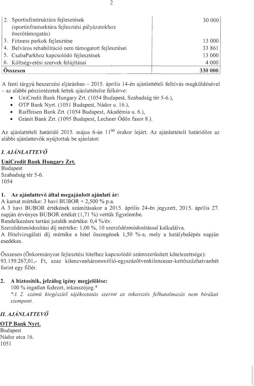 április 14-én ajánlattételi felhívás megküldésével - az alábbi pénzintézetek lettek ajánlattételre felkérve: UniCredit Bank Hungary Zrt. (, Szabadság tér 5-6.), OTP Bank Nyrt. (1051, Nádor u. 16.