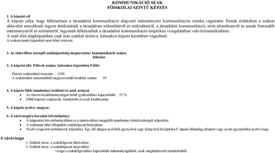 színtereiről, legyenek felkészültek a társadalmi kommunikáció empirikus vizsgálatában való közreműködésre. A szak első alapképzésben csak más szakkal társítva, kétszakos képzés keretében végezhető.