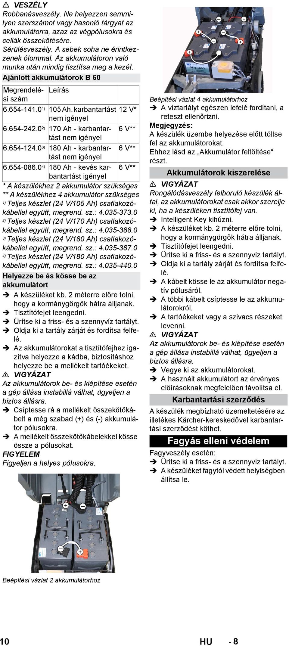 0 2) 170 Ah - karbantartást nem igényel 6 V** 6.654-124.0 3) 180 Ah - karbantartást nem igényel 6 V** 6.654-086.
