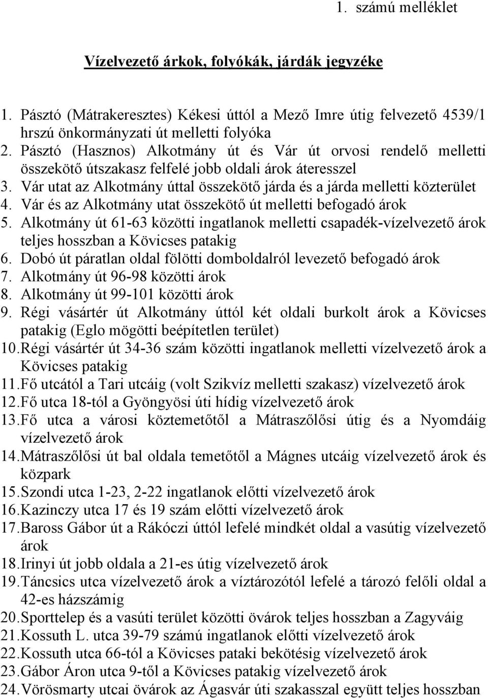 Vár és az Alkotmány utat összekötő út melletti befogadó árok 5. Alkotmány út 61-63 közötti ingatlanok melletti csapadék-vízelvezető árok teljes hosszban a Kövicses patakig 6.