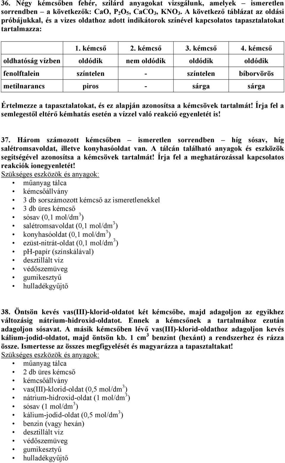 kémcső oldhatóság vízben oldódik nem oldódik oldódik oldódik fenolftalein színtelen - színtelen bíborvörös metilnarancs piros - sárga sárga Értelmezze a tapasztalatokat, és ez alapján azonosítsa a