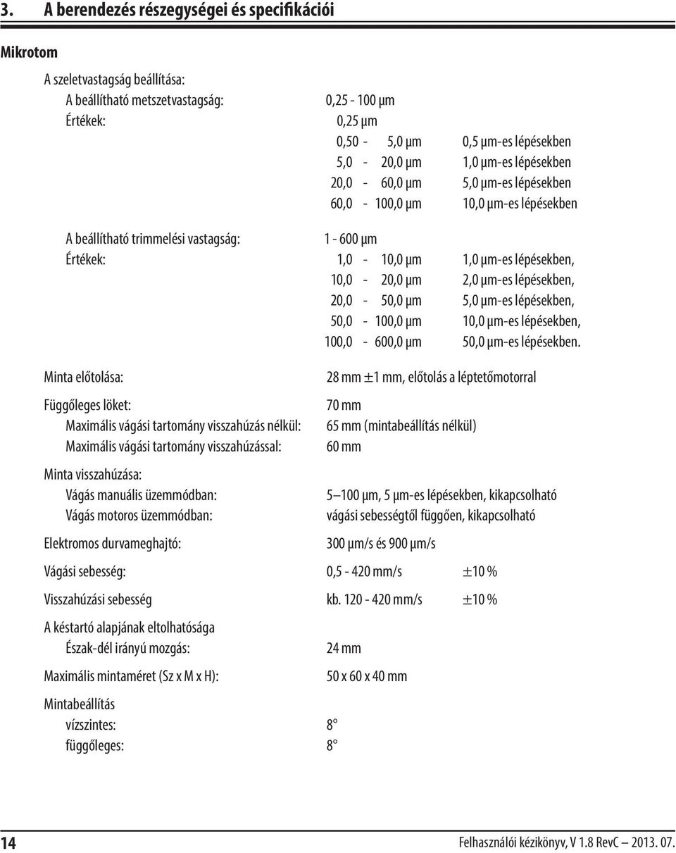 lépésekben, 20,0-50,0 µm 5,0 µm-es lépésekben, 50,0-100,0 µm 10,0 µm-es lépésekben, 100,0-600,0 µm 50,0 µm-es lépésekben.