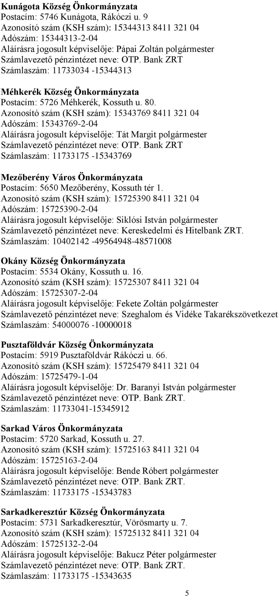 Bank ZRT Számlaszám: 11733034-15344313 Méhkerék Község Önkormányzata Postacím: 5726 Méhkerék, Kossuth u. 80.