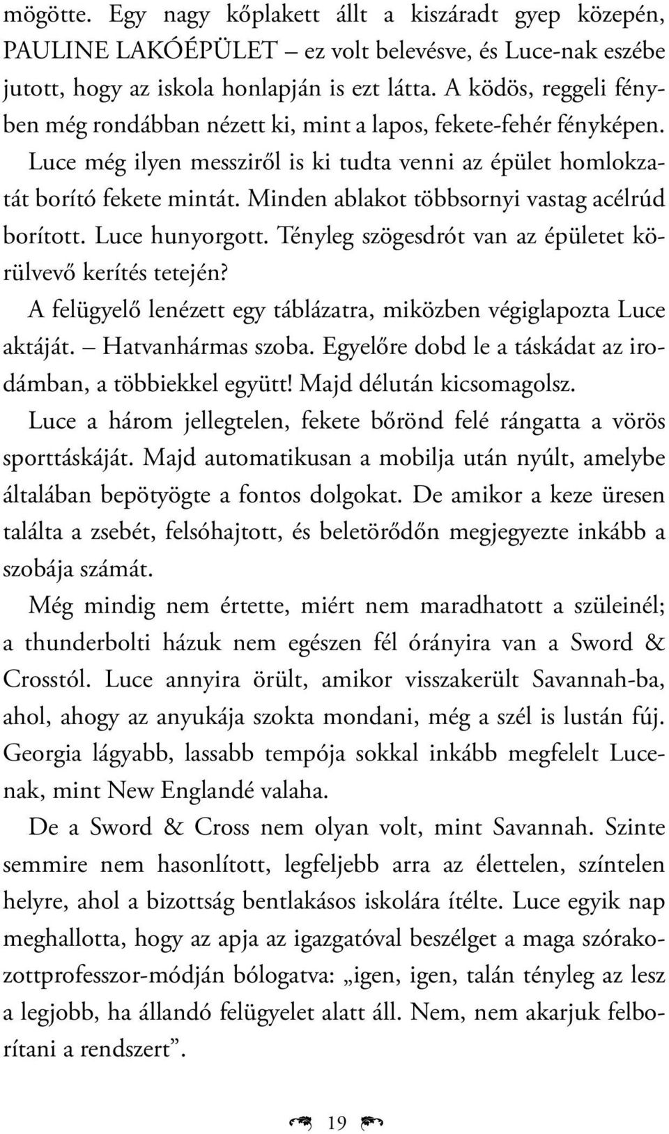 Minden ablakot többsornyi vastag acélrúd borított. Luce hunyorgott. Tényleg szögesdrót van az épületet körülvevő kerítés tetején?