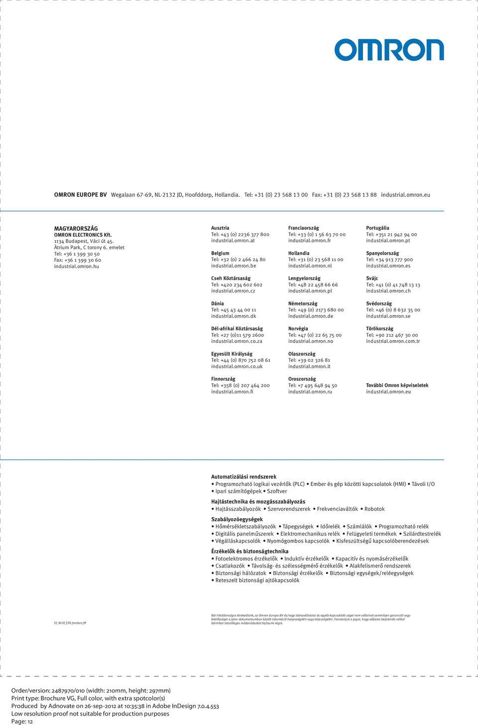 omron.fr Hollandia Tel: +31 (0) 23 568 11 00 industrial.omron.nl Portugália Tel: +351 21 942 94 00 industrial.omron.pt Spanyolország Tel: +34 913 777 900 industrial.omron.es Cseh Köztársaság Tel: +420 234 602 602 industrial.