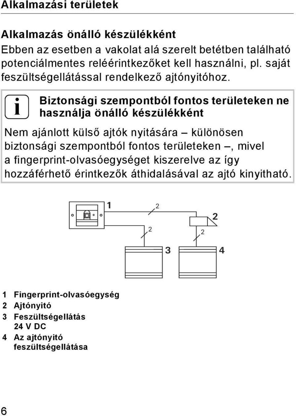 i Biztonsági szempontból fontos területeken ne használja önálló készülékként Nem ajánlott külső ajtók nyitására különösen biztonsági szempontból