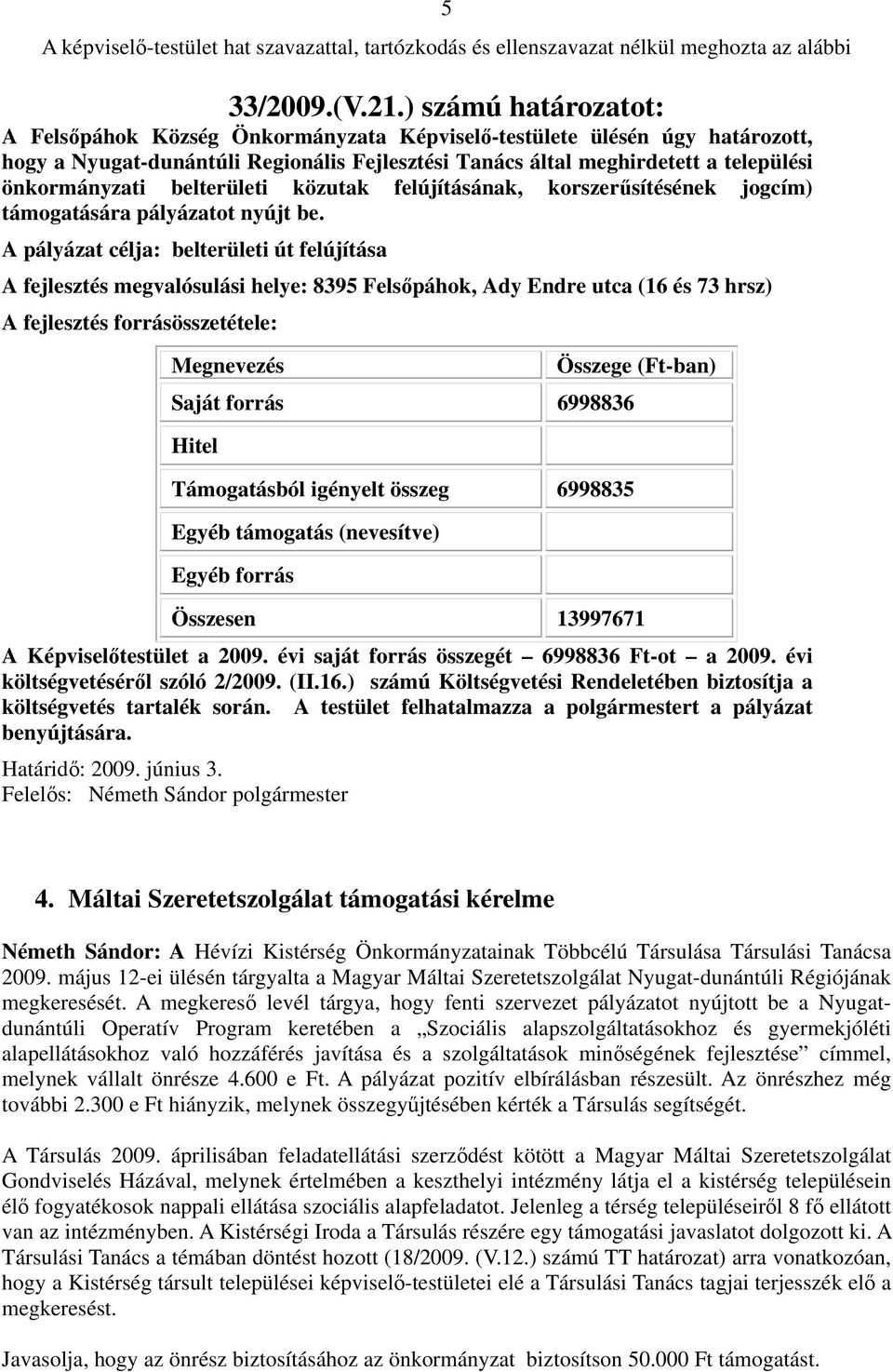 belterületi közutak felújításának, korszerűsítésének jogcím) támogatására pályázatot nyújt be.